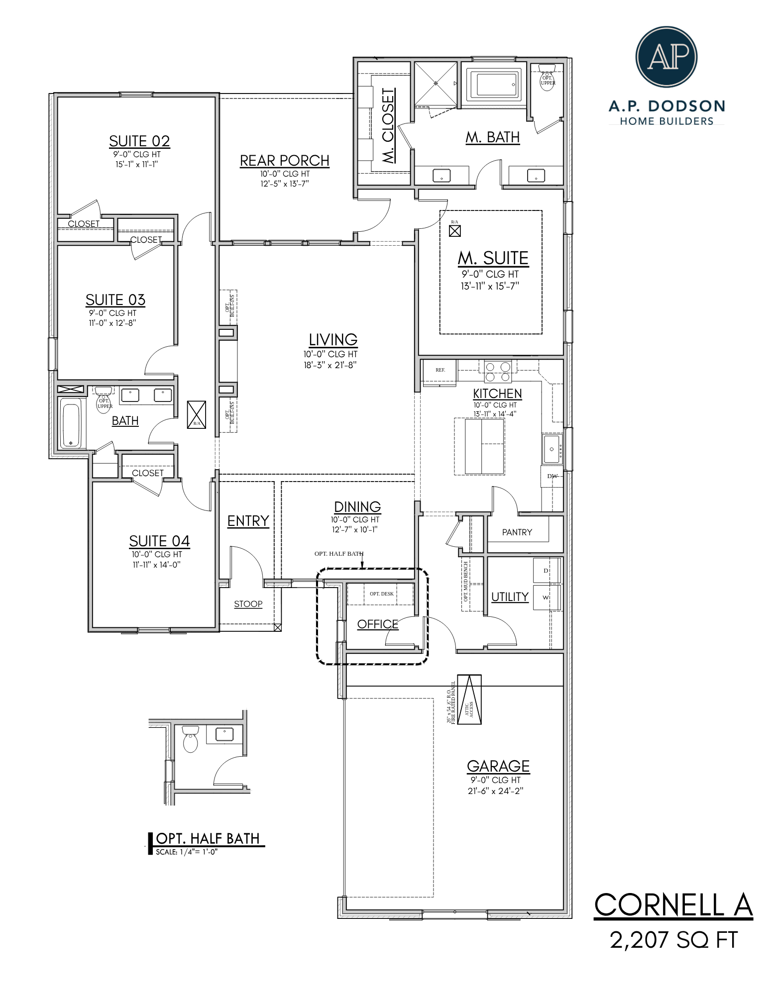 Floorplan of the Cornell A home by A.P. Dodson Home Builders, a single-story layout totaling 2,207 square feet. The plan includes four bedrooms: a primary suite with a large walk-in closet and ensuite bath, plus Suites 02, 03, and 04 located on the opposite side of the home with a shared full bath. Central living spaces include a large living room, open dining area, and kitchen with an island, pantry, and adjacent utility room. Additional features include an office with an optional desk, an optional half bath near the dining area, a rear porch, front stoop entry, and a two-car garage with storage space. Circulation flows efficiently through connected hallways between bedrooms and living areas.