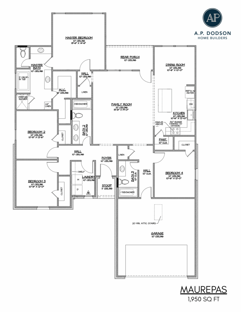 Maurepas floor plan by A.P. Dodson Home Builders — 1,950 sq ft single-story layout featuring 4 bedrooms, 3 bathrooms, open family room, kitchen with island and dining area, private master suite with soaking tub, covered rear porch, laundry room, and two-car garage.
