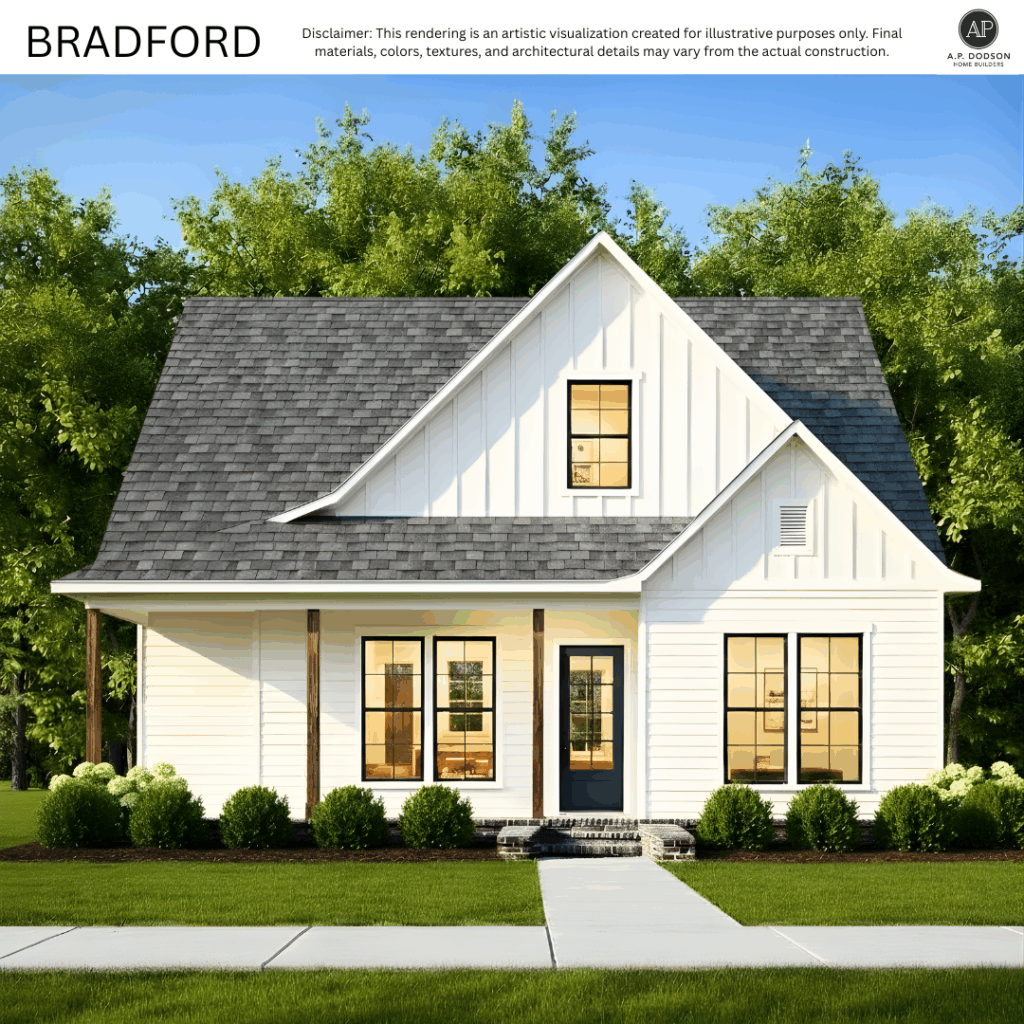 Bradford farmhouse-style home exterior by A.P. Dodson Home Builders featuring white board-and-batten siding, dark roof, covered front porch with wood columns, black window trim, and landscaped front yard.