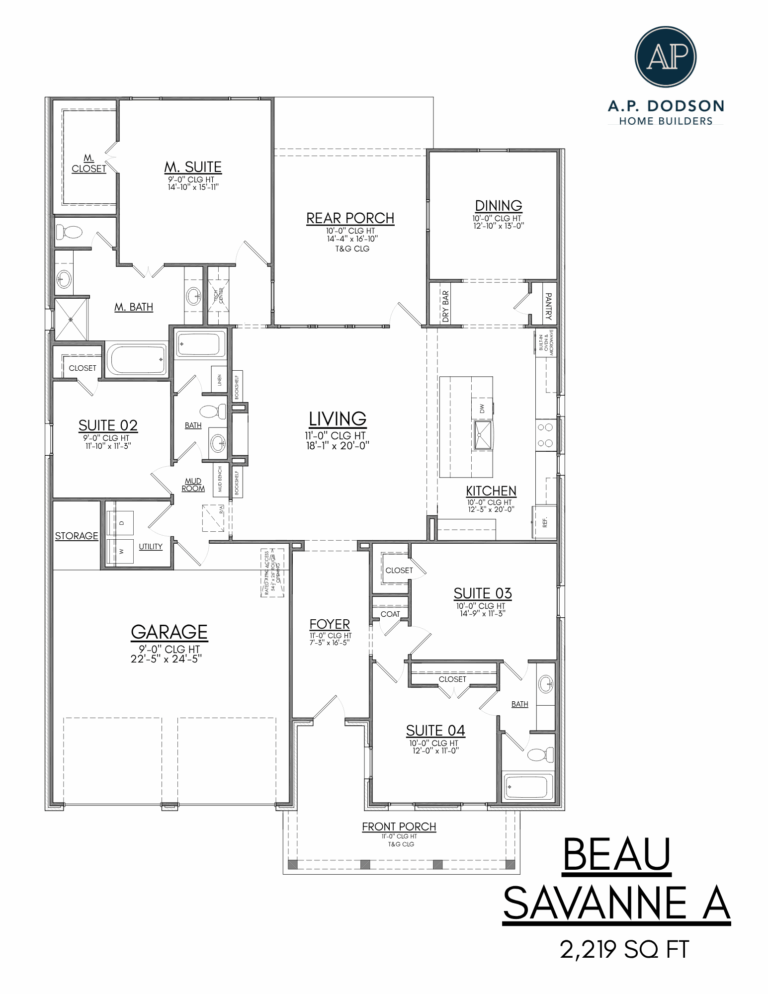 Beau Savanne floor plan by A.P. Dodson Home Builders — 2,219 sq ft single-story home with 4 bedrooms, 3 bathrooms, open-concept kitchen and living room, dedicated dining room, master suite with large walk-in closet, rear porch, mudroom, storage space, and 2-car garage.