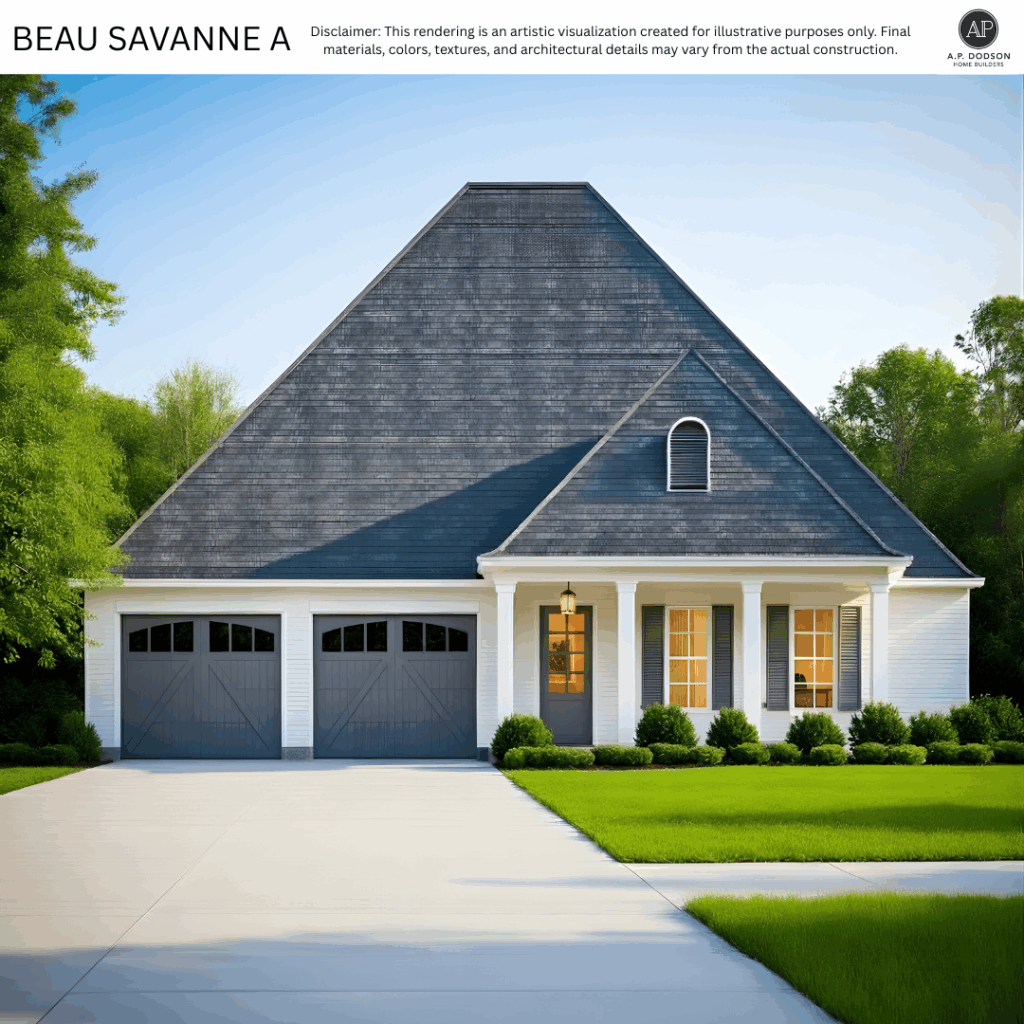 Beau Savanne A home exterior by A.P. Dodson Home Builders — classic Southern-style single-story house with large front porch, two-car garage, pitched roof, white brick exterior, wood shutters, and inviting front entry surrounded by landscaped yard.