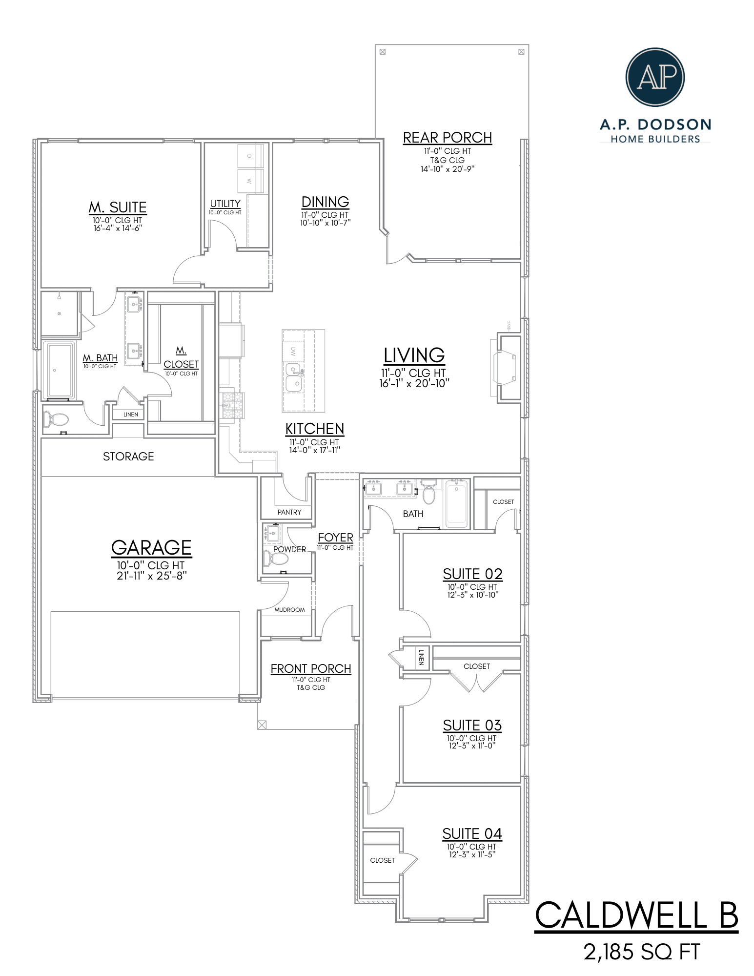 Caldwell B floor plan by AP Dodson Home Builders – 2,185 sq ft single-story home featuring 4 bedrooms, 2.5 bathrooms, open-concept kitchen and living area with island, private master suite with walk-in closet and bath, dining room, mudroom, rear porch, front porch, storage space, and 2-car garage layout.