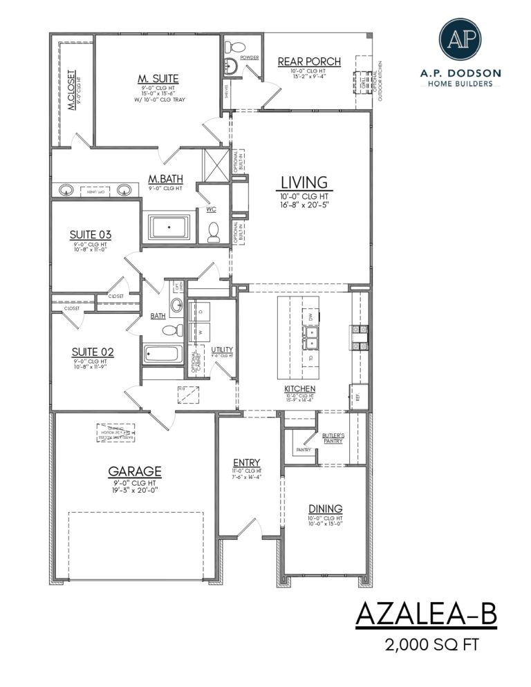 Azalea B floor plan by AP Dodson Home Builders featuring 2,000 square feet with a primary suite, two additional bedrooms, open-concept kitchen and dining area, butler’s pantry, utility room, rear porch, and two-car garage.