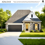 Exterior rendering of the Azalea B home by AP Dodson featuring a modern cottage design with brick façade, gabled roof, single-car garage, covered front entry, and landscaped front yard.