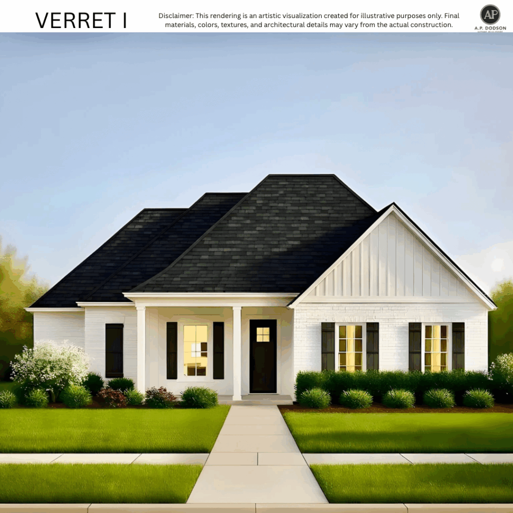 Verret I model home by A.P. Dodson Home Builders in Baton Rouge, a 2,000 square foot new construction with a classic Southern design featuring white painted brick, black shutters, a covered front porch, and gabled roof.