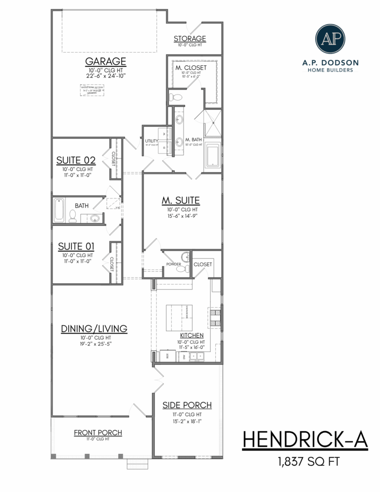 Hendrick A floor plan by A.P. Dodson Home Builders — 1,837 sq ft single-story design featuring 3 bedrooms, 2.5 baths, open dining and living area, modern kitchen with island, spacious master suite with walk-in closet, covered front and side porches, utility room, and two-car garage with storage space.