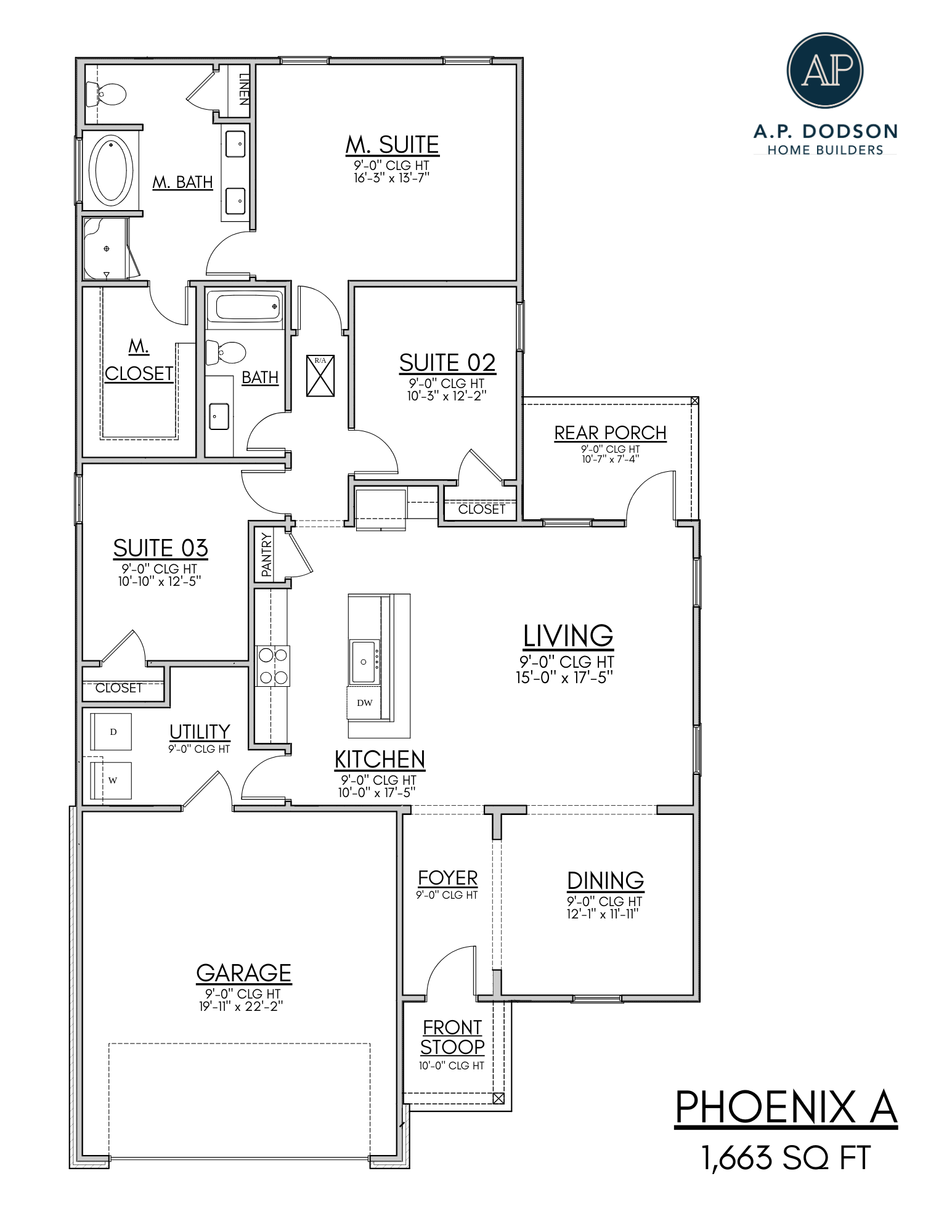 Phoenix A floorplan by AP Dodson Homes featuring 1,663 sq ft, 3-bedroom layout with open living and kitchen area, dining room, rear porch, primary suite with large bath and closet, and two-car garage.