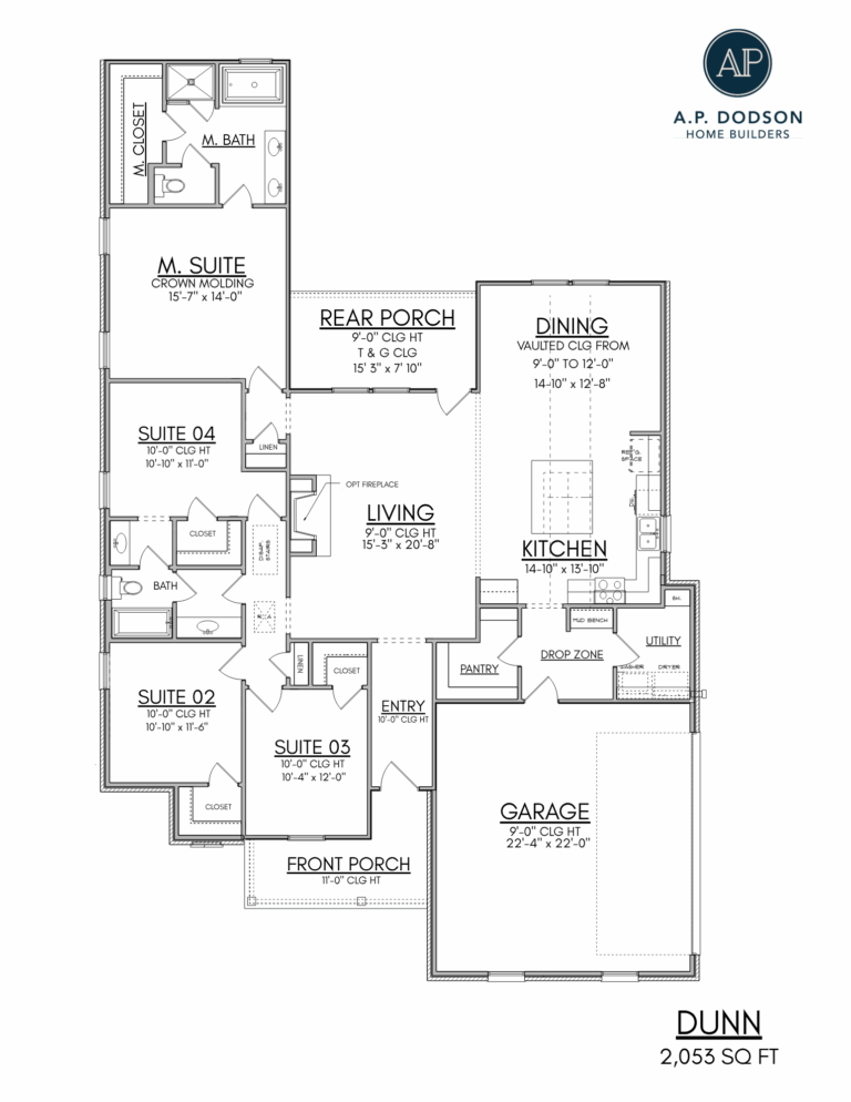 Floor plan of the Dunn model home by A.P. Dodson Home Builders in Baton Rouge, a 2,053 square foot new construction featuring four bedrooms, two bathrooms, open kitchen and dining area with vaulted ceiling, rear porch, and two-car garage.