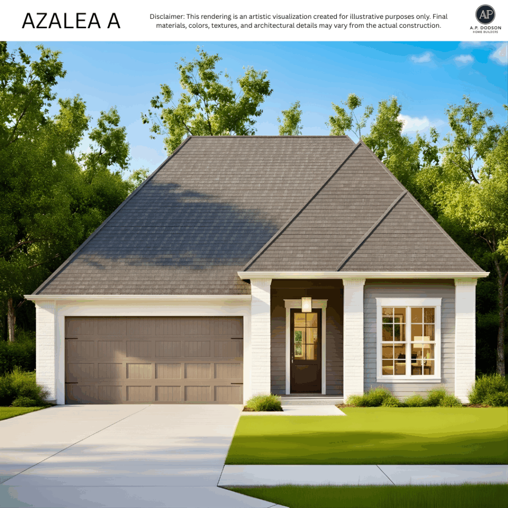 Azalea A new construction home by A.P. Dodson Home Builders featuring a modern cottage exterior with gabled roof, covered front porch, two-car garage, large front windows, and clean white brick design in a landscaped subdivision.