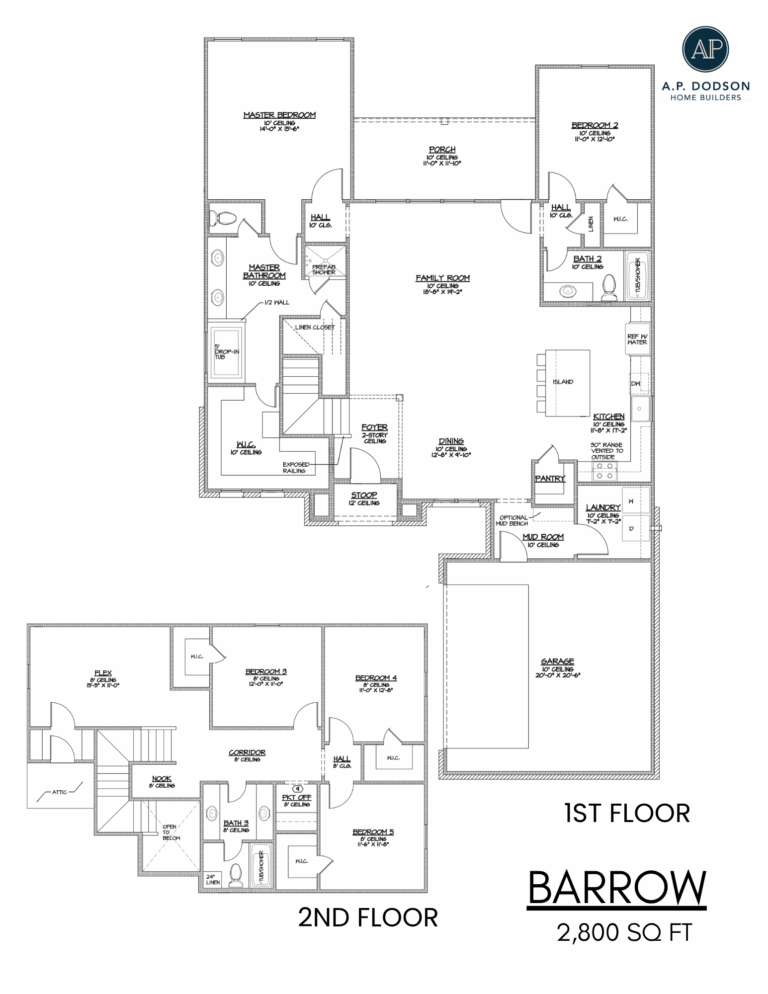 Barrow floor plan by A.P. Dodson Home Builders — 2,800 sq ft two-story home featuring 5 bedrooms, 3 bathrooms, open-concept kitchen and family room, dining area, downstairs primary suite, upstairs flex space, mudroom, laundry room, covered rear porch, and two-car garage.