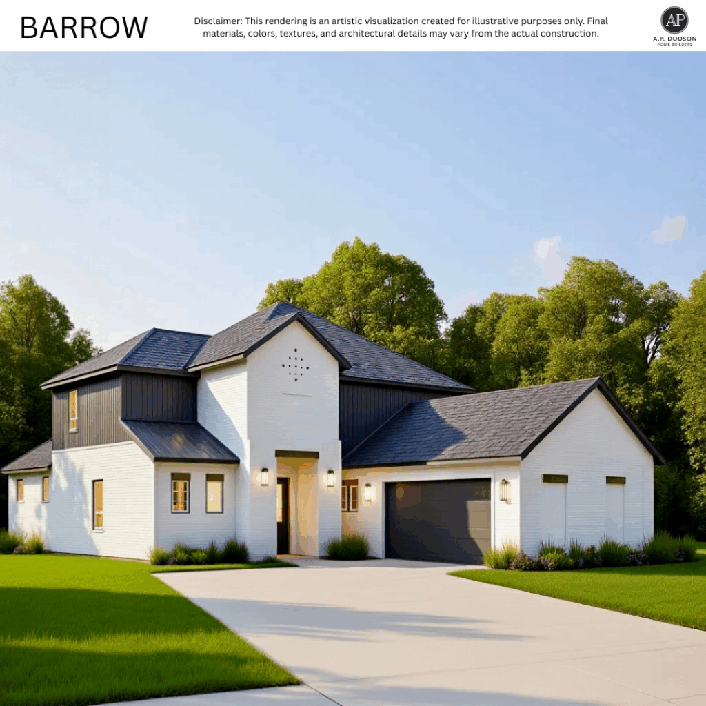 Barrow home elevation by A.P. Dodson Home Builders — modern two-story design with white brick exterior, dark board-and-batten accents, covered front entry, double garage, and landscaped front yard surrounded by trees.