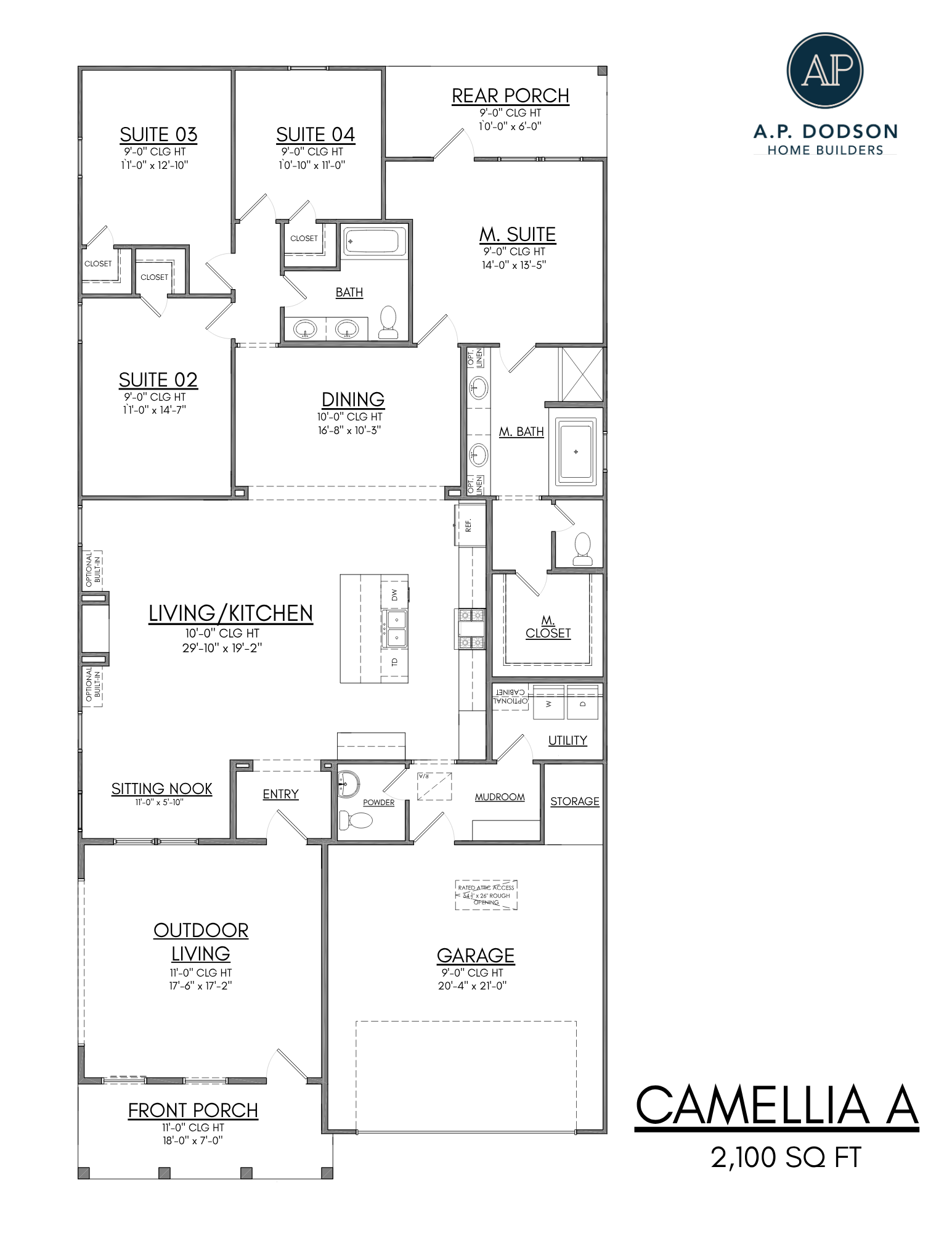 Floorplan layout for the Camellia A home by A.P. Dodson Home Builders, totaling 2,100 square feet. The plan features four bedrooms: Suite 02, Suite 03, Suite 04, and a spacious Master Suite with a large master closet and private bath. The central living space includes an open-concept living and kitchen area with a large island, plus a defined dining room. Additional rooms include a sitting nook, mudroom, utility room, powder bath, and storage area. Outdoor spaces include a large front porch, covered rear porch, and an oversized outdoor living area. A two-car garage connects through a mudroom entry. Hallways and closets provide functional flow throughout.