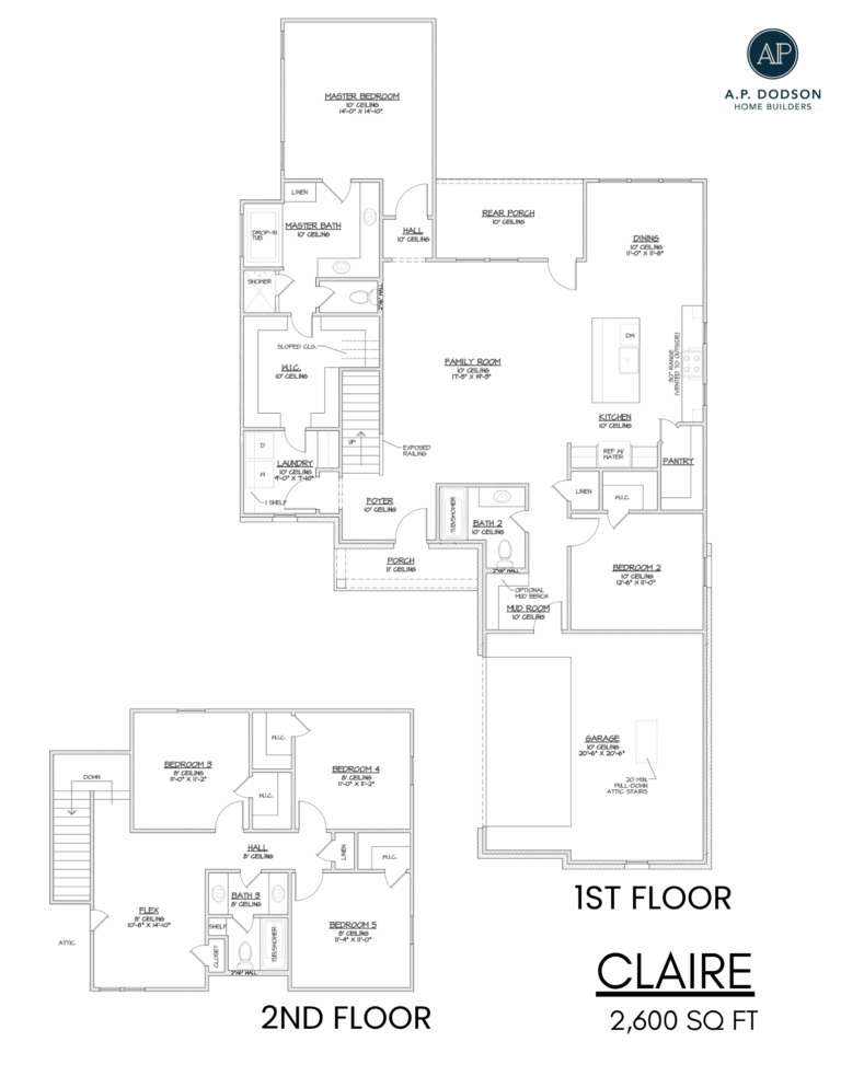 Claire floor plan by A.P. Dodson Home Builders — 2,600 sq ft two-story home with 5 bedrooms plus flex room, 3 bathrooms, open kitchen with island, walk-in pantry, dining room, family room, downstairs primary suite, upstairs bedrooms and bonus space, mudroom, laundry room, and covered rear porch.