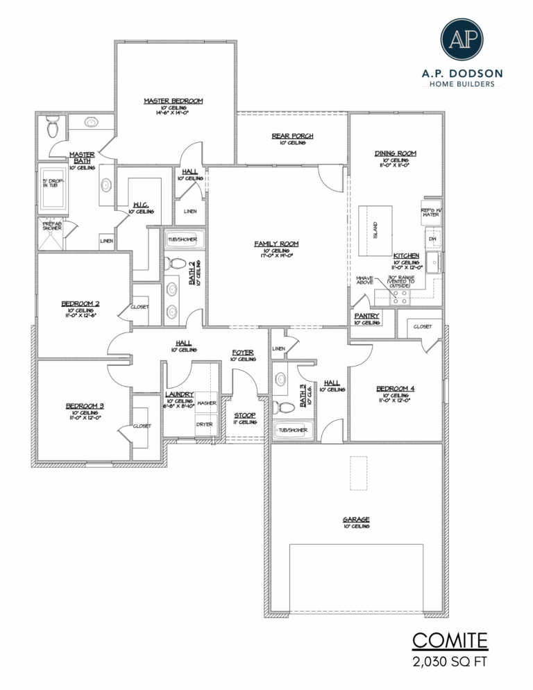 New construction Comite model home by A.P. Dodson Home Builders in Baton Rouge, featuring a traditional brick exterior, dark front door, and two-car garage.