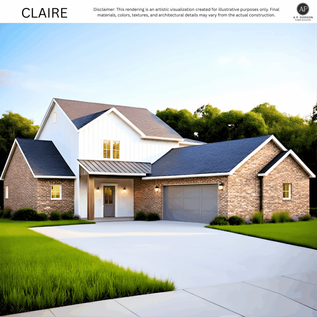 Claire home elevation by A.P. Dodson Home Builders — two-story modern farmhouse design with brick and board-and-batten exterior, covered front porch with columns, double garage, dormer roofline, large front windows, and landscaped front yard.