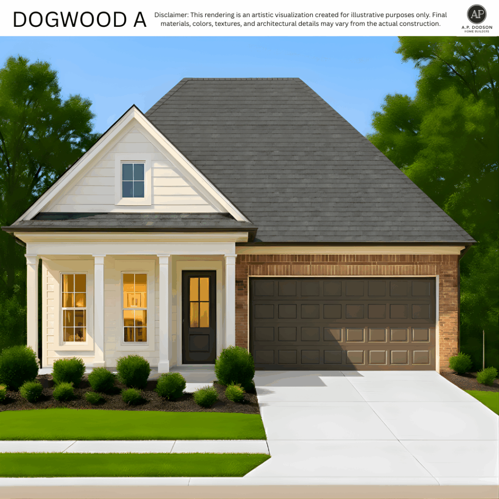 New construction Dogwood A model home by A.P. Dodson Home Builders in Baton Rouge, featuring a charming front porch, brick and siding exterior, dark front door, two-car garage, and landscaped yard.
