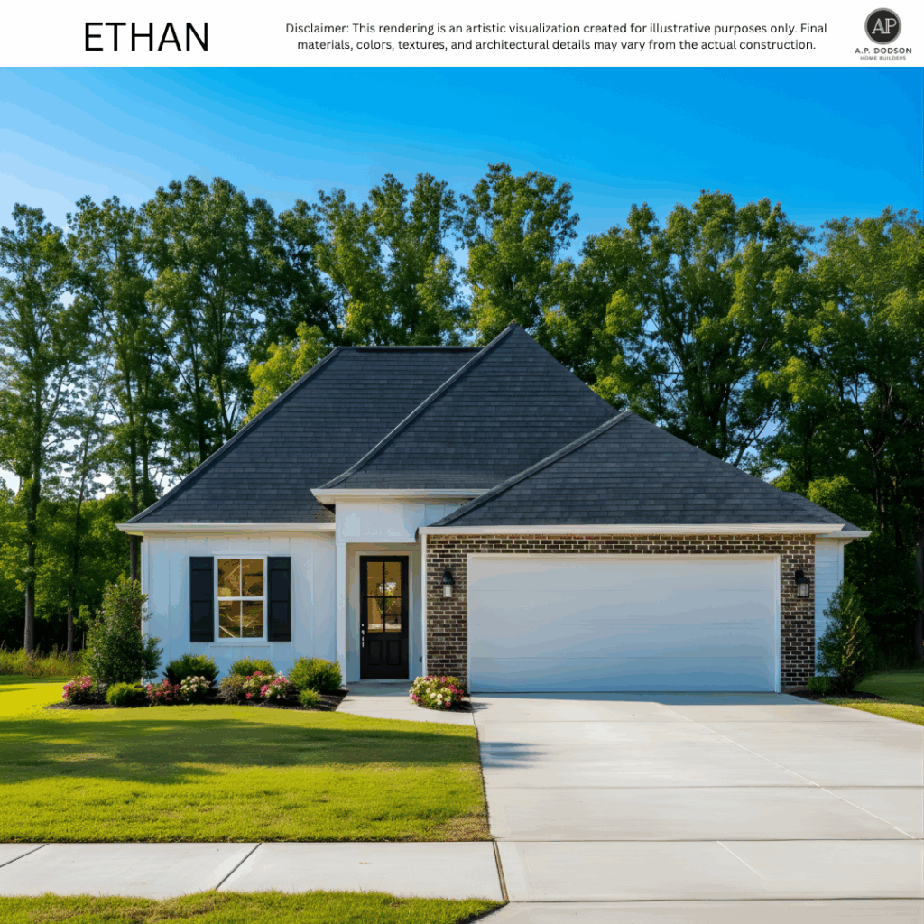 New construction Ethan model home by A.P. Dodson Home Builders in Baton Rouge, featuring a modern farmhouse design with white siding, dark shutters, brick accents, two-car garage, and landscaped front yard.