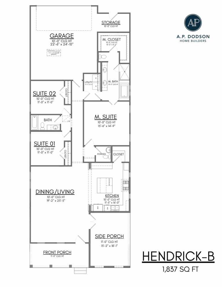 Floor plan layout for the Hendrick-B home by A.P. Dodson Home Builders, totaling 1,837 square feet. The plan includes a front porch opening into a combined dining and living area. A hallway leads to Suite 01 and Suite 02 with a shared bathroom. The kitchen is positioned on the right side with an island and access to a large side porch. The master suite is centrally located and features a walk-in closet and private master bath. A powder room, utility room, and additional storage are also included. The rear of the plan features a two-car garage with a connected storage room.