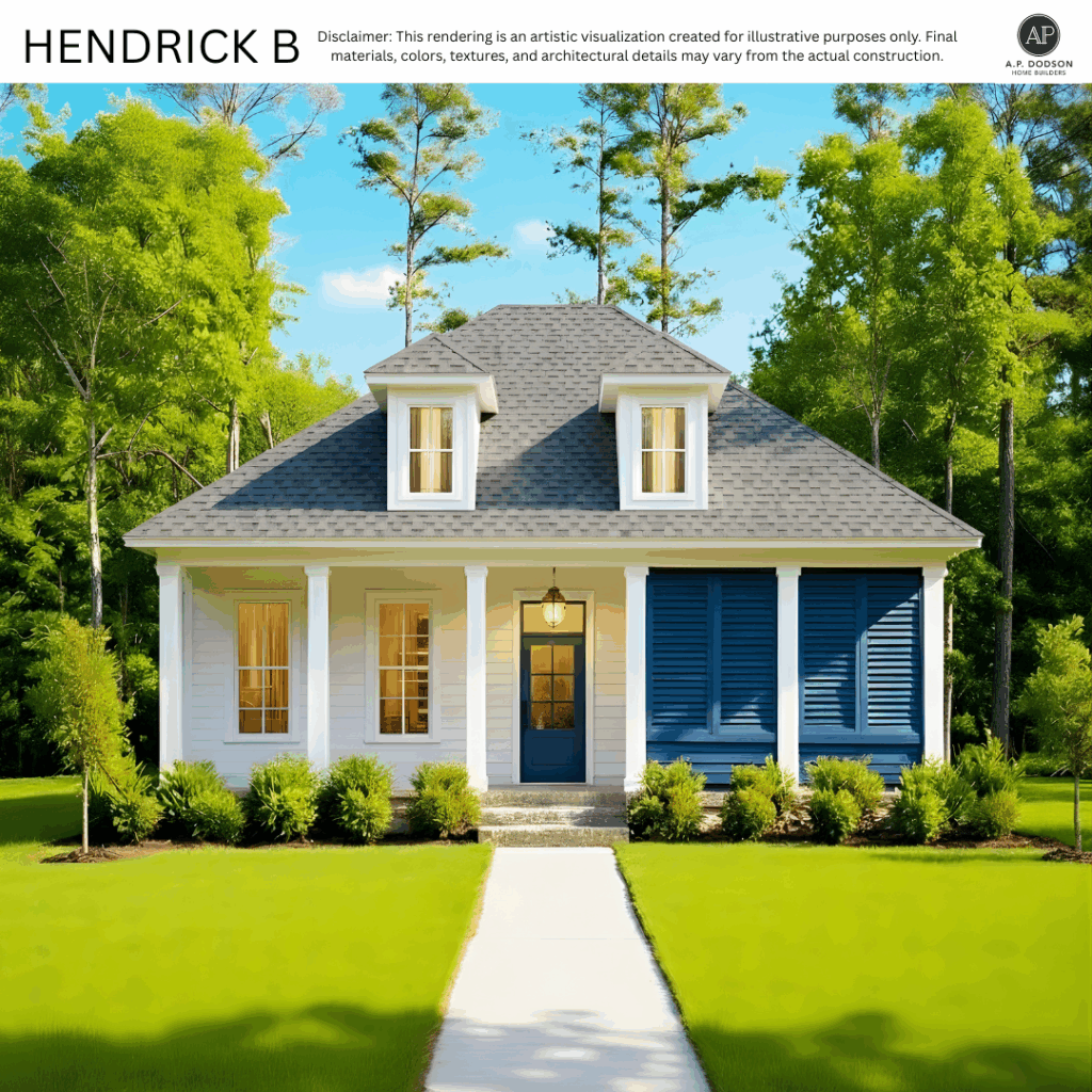 Exterior rendering of the Hendrick B home by A.P. Dodson Home Builders. The design features a welcoming front porch with four columns, a blue front door, and matching blue shutters on the right side. Two dormer windows sit above the porch on a gray shingled roof. The home has light-colored siding, brick porch steps, landscaped garden beds, and a walkway leading to the entry. Tall trees and a lush lawn surround the house.
