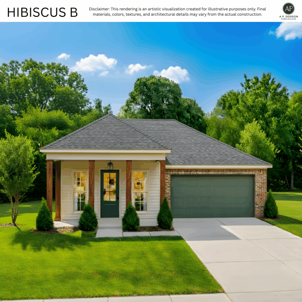 New construction Hibiscus B model home by A.P. Dodson Home Builders in Baton Rouge, featuring a craftsman-inspired design with light siding, brick accents, wood porch columns, green front door, two-car garage, and landscaped yard.