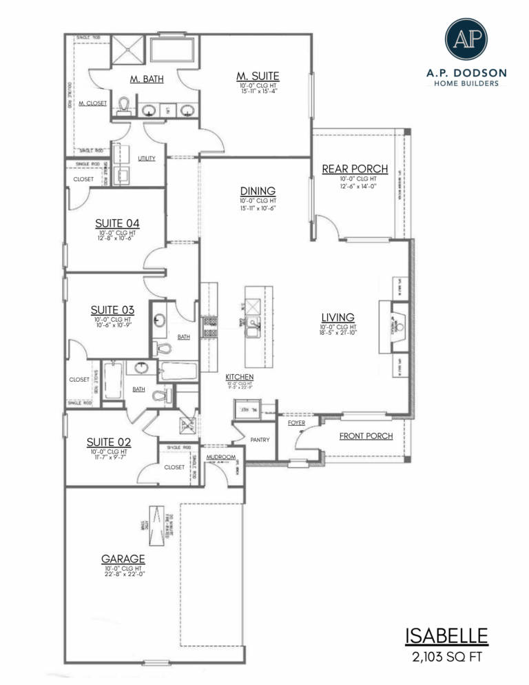 Isabelle floor plan by A.P. Dodson Home Builders — 2,103 sq ft single-story home featuring 4 bedrooms, 3 bathrooms, open-concept living and dining areas, large kitchen with island and pantry, spacious master suite with walk-in closet, utility room, rear porch, and two-car garage.