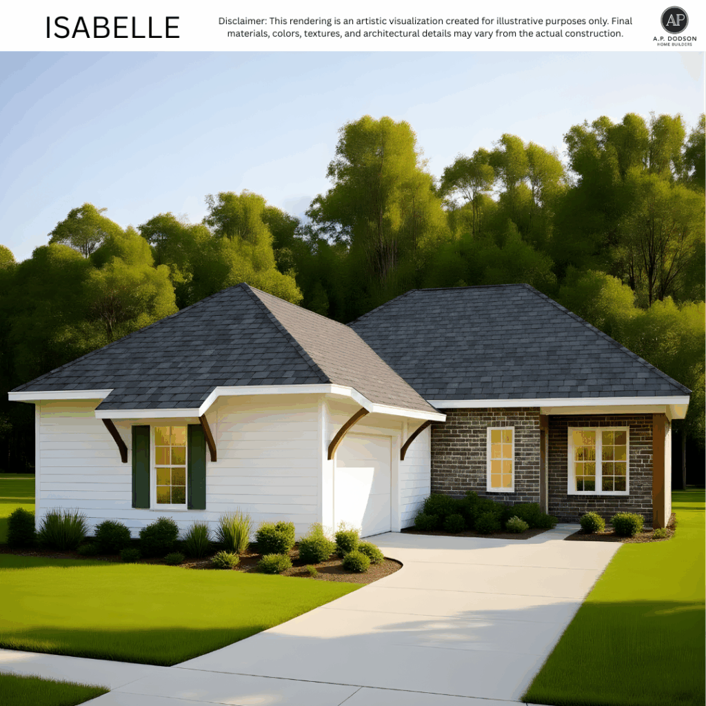 New construction Isabelle model home by A.P. Dodson Home Builders in Baton Rouge, featuring a modern farmhouse design with white siding, brick accents, green shutters, dark roof, and two-car garage.