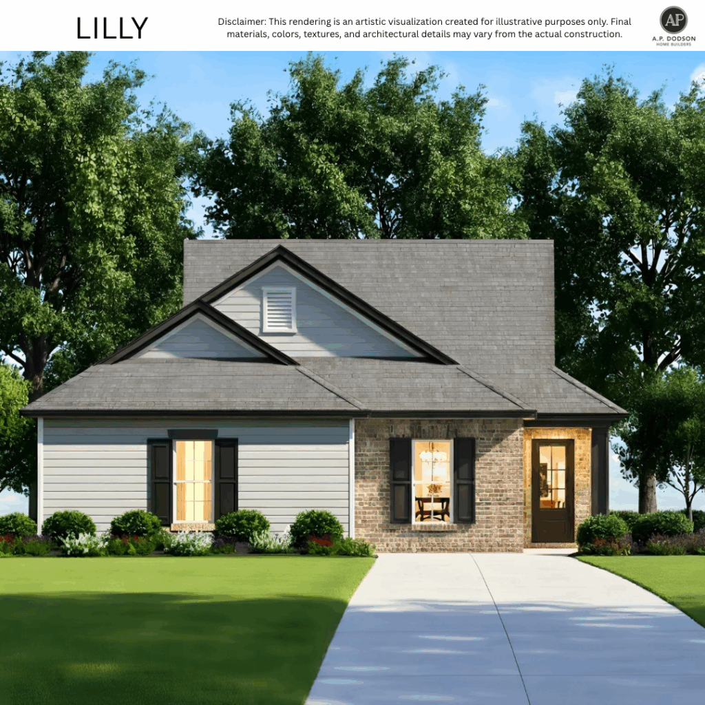 New construction Lilly model home by A.P. Dodson Home Builders in Baton Rouge, featuring a modern design with gray siding, brick accents, black shutters, dark roof, and landscaped front yard.