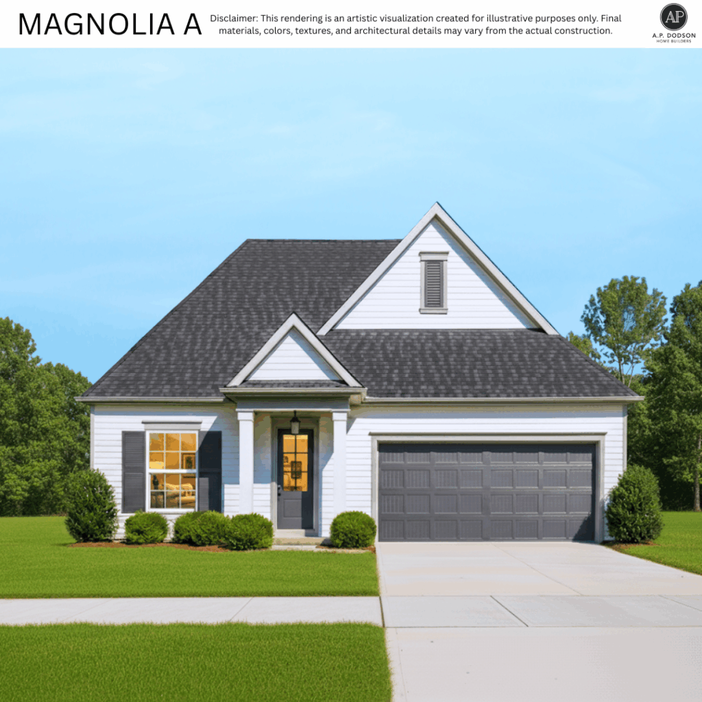 New construction Magnolia A model home by A.P. Dodson Home Builders in Baton Rouge, featuring a classic design with white siding, dark gray roof, black shutters, covered front porch, and two-car garage.