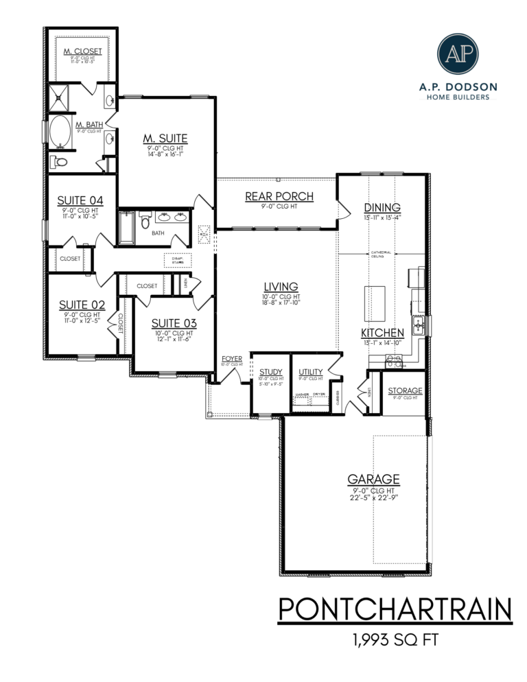 Floor plan of the Pontchartrain model home by A.P. Dodson Home Builders in Baton Rouge, a 1,993 square foot new construction featuring four bedrooms, three bathrooms, open kitchen and living areas, study, rear porch, and two-car garage.