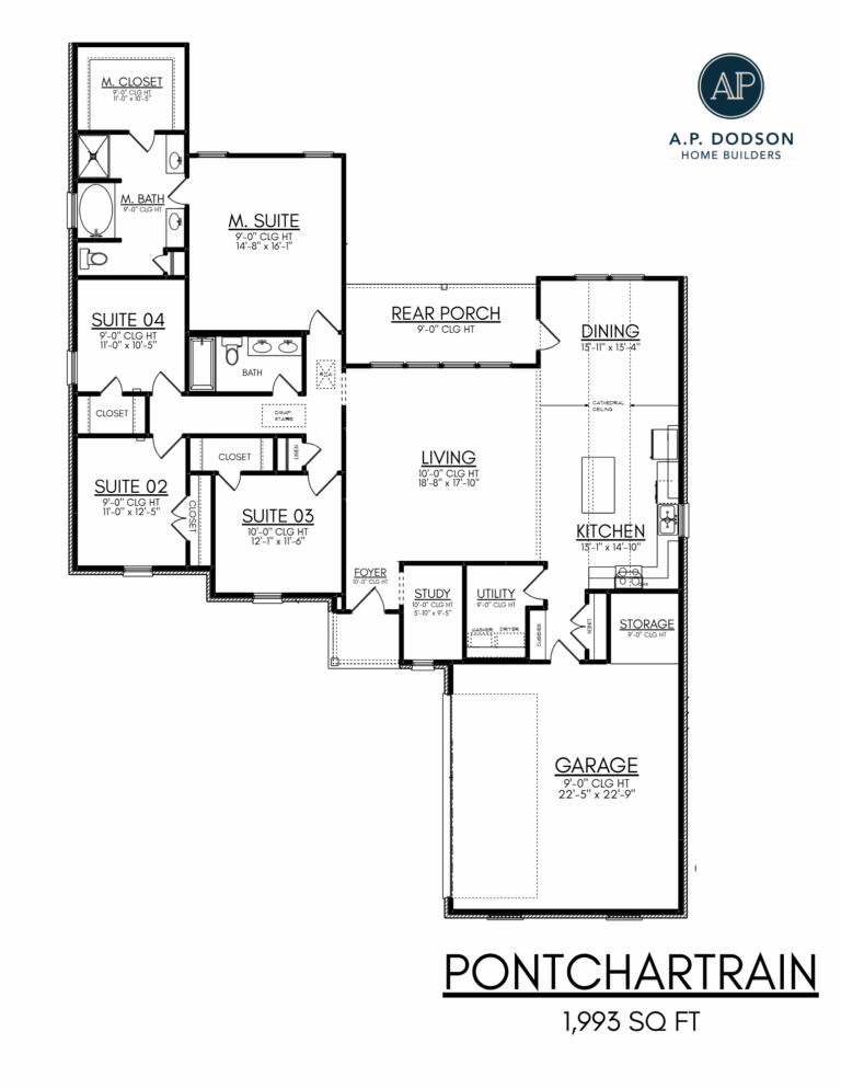 Floor plan of the Pontchartrain model home by A.P. Dodson Home Builders in Baton Rouge, a 1,993 square foot new construction featuring four bedrooms, three bathrooms, open kitchen and living areas, study, rear porch, and two-car garage.