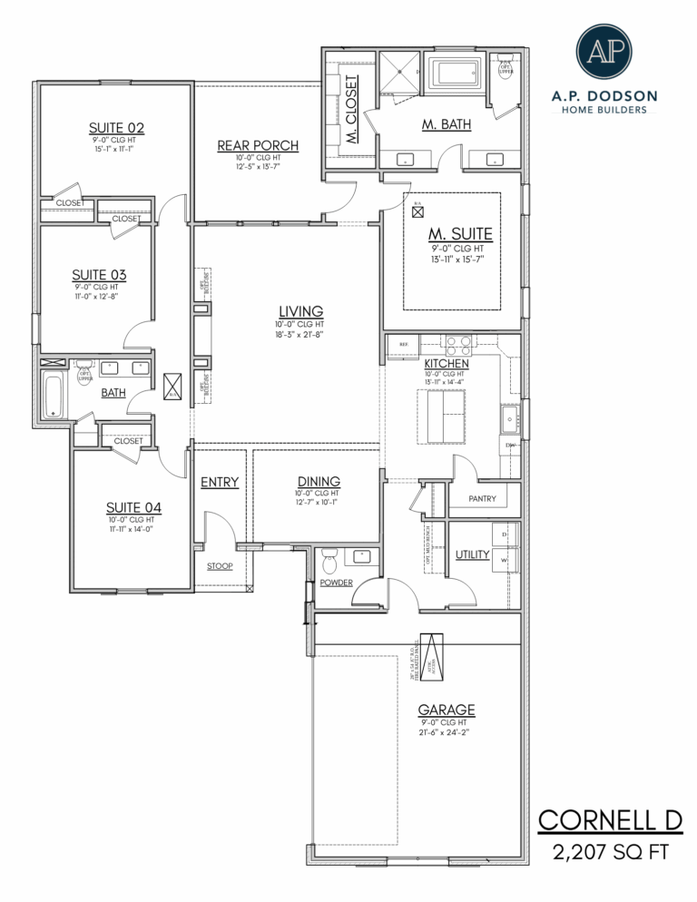 Floor plan of the Cornell D home by A.P. Dodson Home Builders, totaling 2,207 square feet. The layout includes a front entry leading into a dedicated dining room and a large open living room connected to the kitchen, which features an island and walk-in pantry. The primary suite is located on the right side with a spacious bedroom, large walk-in closet, and private bath with dual vanities, soaking tub, and separate shower. Three additional bedrooms—Suite 02, Suite 03, and Suite 04—are on the left side of the home near a shared full bath. A rear porch sits off the living area. The plan also includes a powder room, utility room, and an attached two-car garage with storage space.