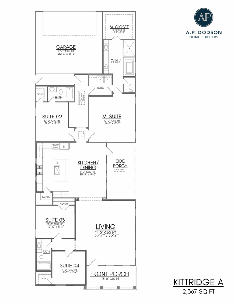 Floor plan of the Kittridge A model home by A.P. Dodson Home Builders in Baton Rouge, a 2,367 square foot new construction featuring four bedrooms, three bathrooms, open kitchen and living area, side porch, front porch, and two-car garage.