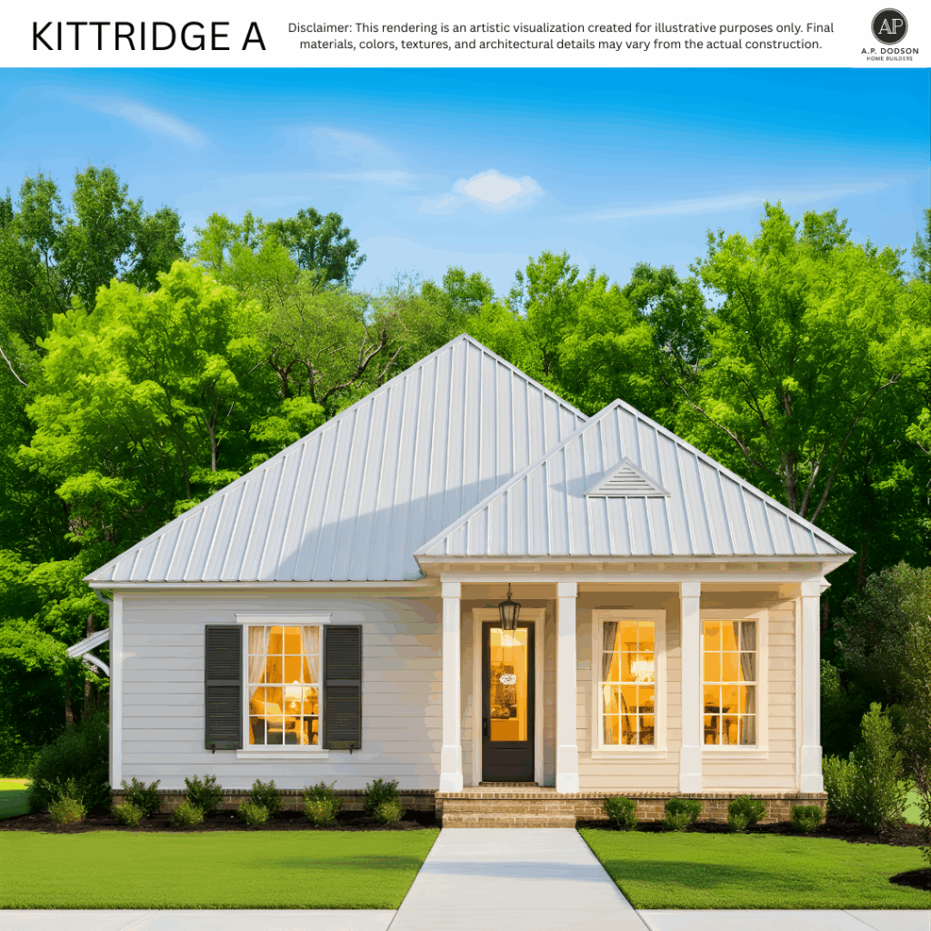 New construction Kittridge A model home by A.P. Dodson Home Builders in Baton Rouge, featuring a modern farmhouse design with white siding, metal roof, front porch with columns, and black shutters.