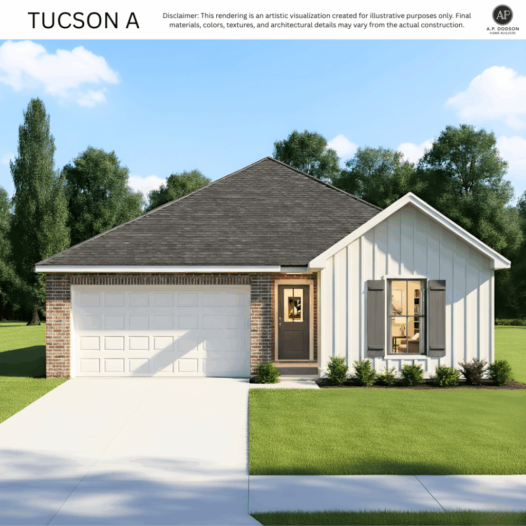 Tucson A model home by A.P. Dodson Home Builders in Baton Rouge, a 1,612 square foot new construction featuring a modern farmhouse design with white board-and-batten siding, brick accents, dark shutters, and a two-car garage.