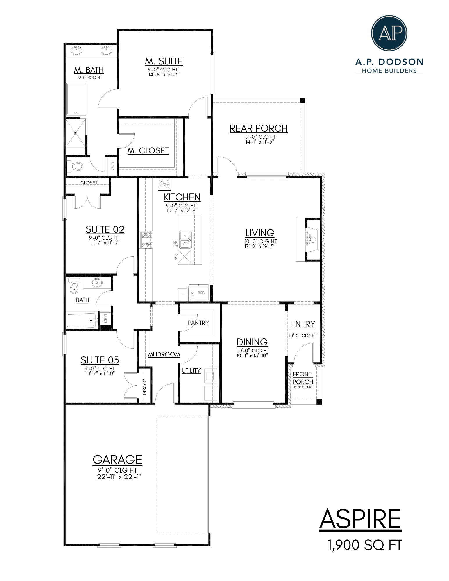Aspire 1,900 sq ft single-story floor plan by AP Dodson featuring three bedrooms, open kitchen and living area, dining room, mudroom, utility room, rear porch, and two-car garage.