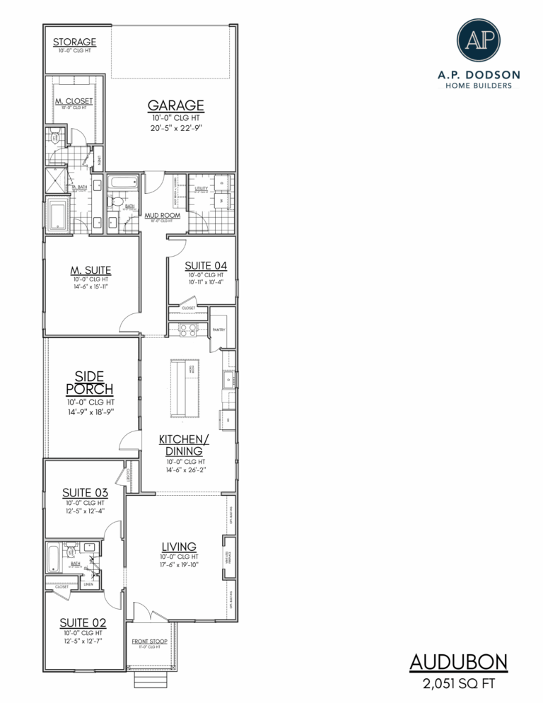 Audubon floor plan by AP Dodson Home Builders showcasing a 2,051 sq ft single-story home with an open kitchen and dining area, spacious living room, primary suite with walk-in closet and ensuite bath, three additional bedroom suites, mudroom, utility room, side porch, front stoop, storage space, and a two-car garage.