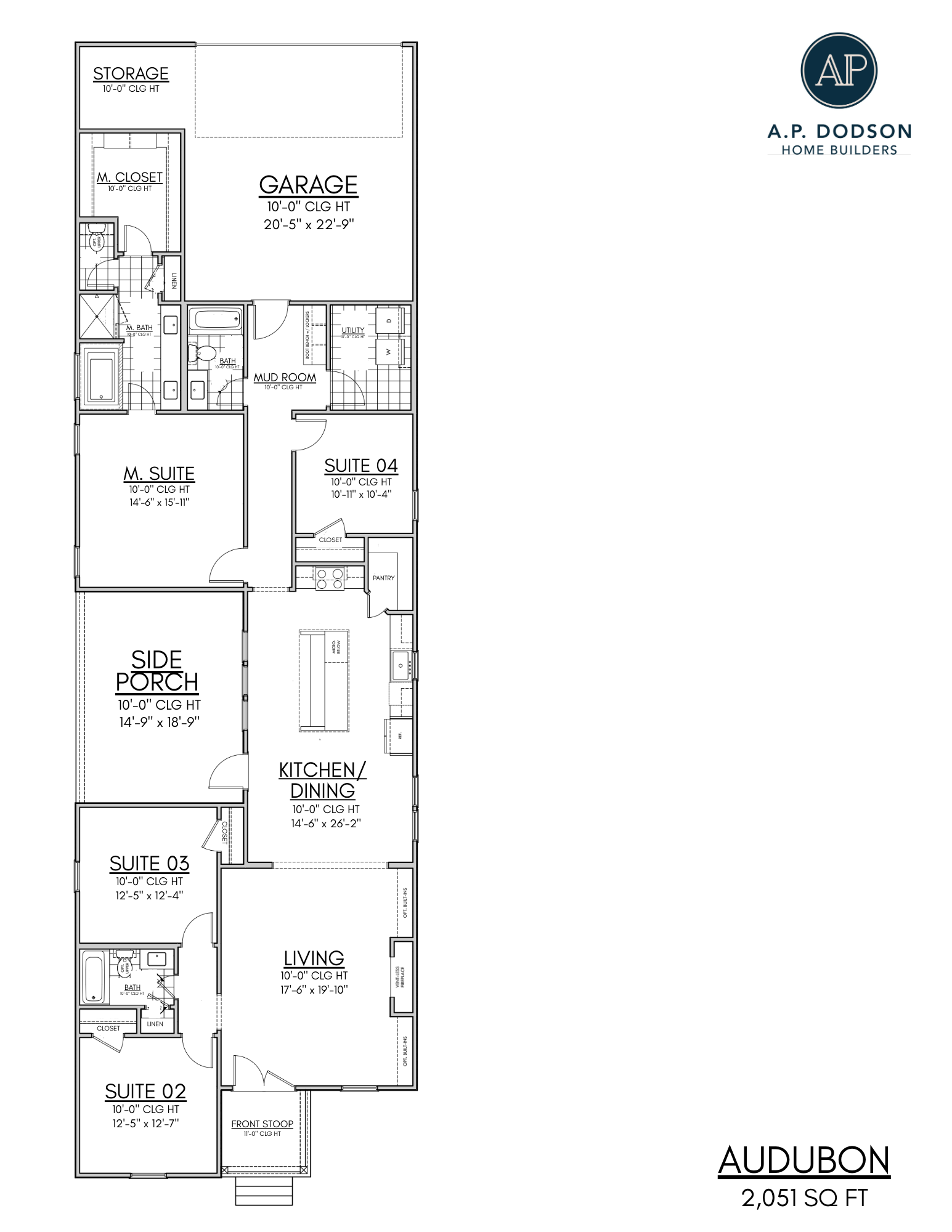 Audubon floor plan by AP Dodson Home Builders showcasing a 2,051 sq ft single-story home with an open kitchen and dining area, spacious living room, primary suite with walk-in closet and ensuite bath, three additional bedroom suites, mudroom, utility room, side porch, front stoop, storage space, and a two-car garage.