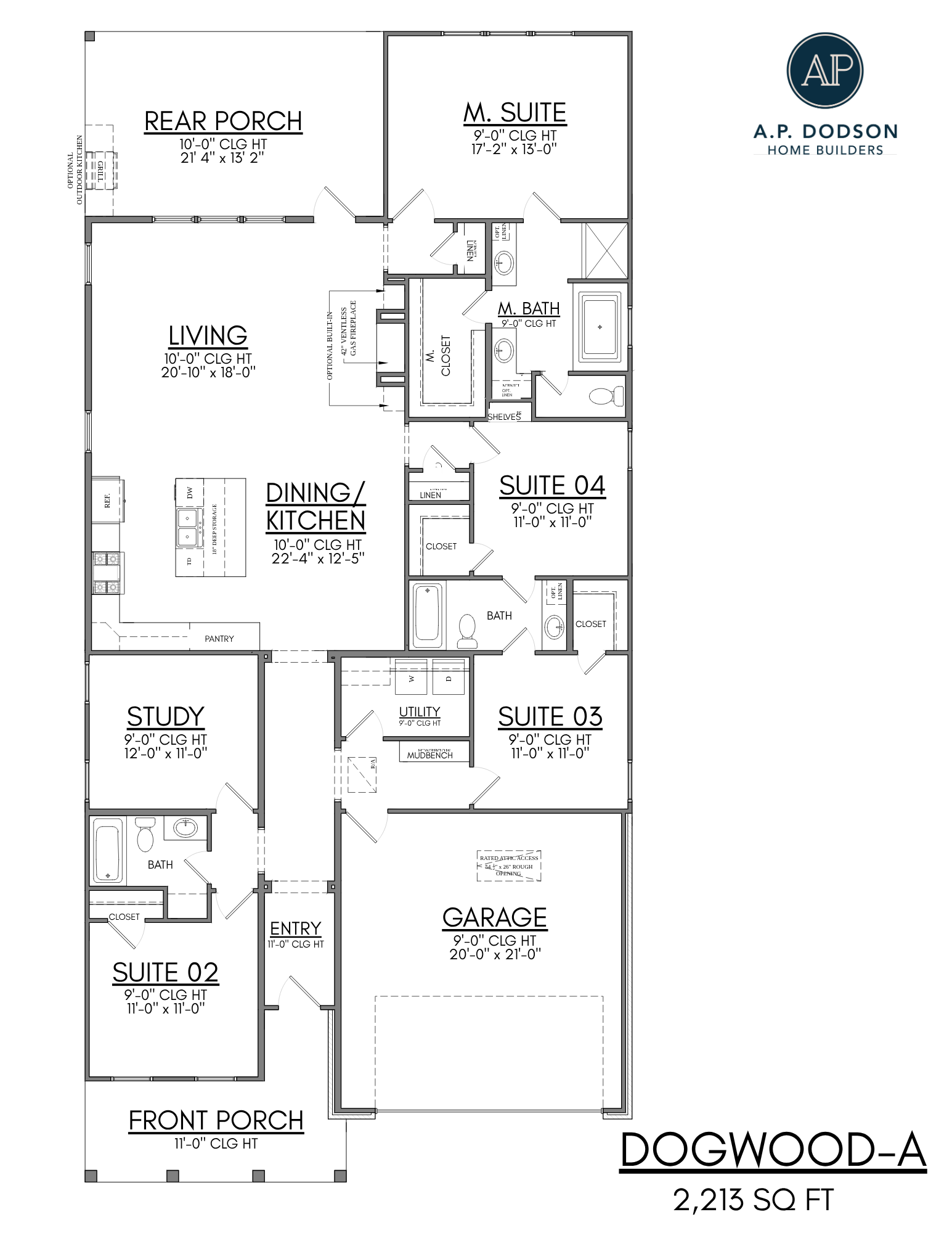 Floor plan of the Dogwood A model home by A.P. Dodson Home Builders in Baton Rouge, a 2,213 square foot new construction featuring four bedrooms, three bathrooms, open-concept kitchen and living area, study, rear porch, and two-car garage.