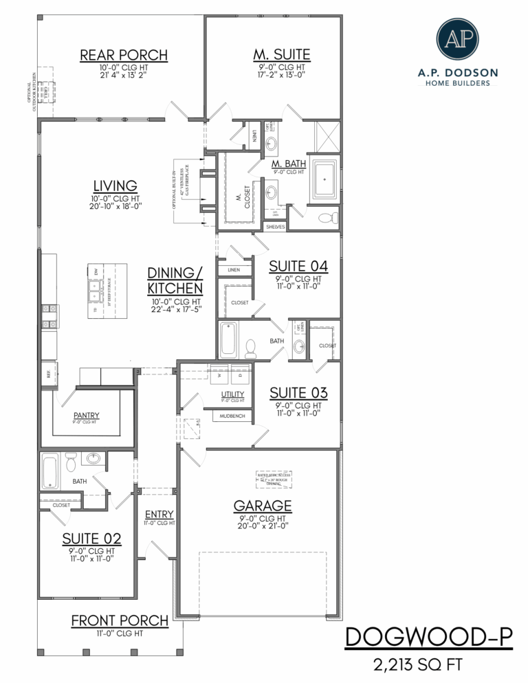 Floor plan of the Dogwood P model home by A.P. Dodson Home Builders in Baton Rouge, a 2,213 square foot new construction featuring four bedrooms, three bathrooms, open-concept kitchen and living area, rear porch, and two-car garage.
