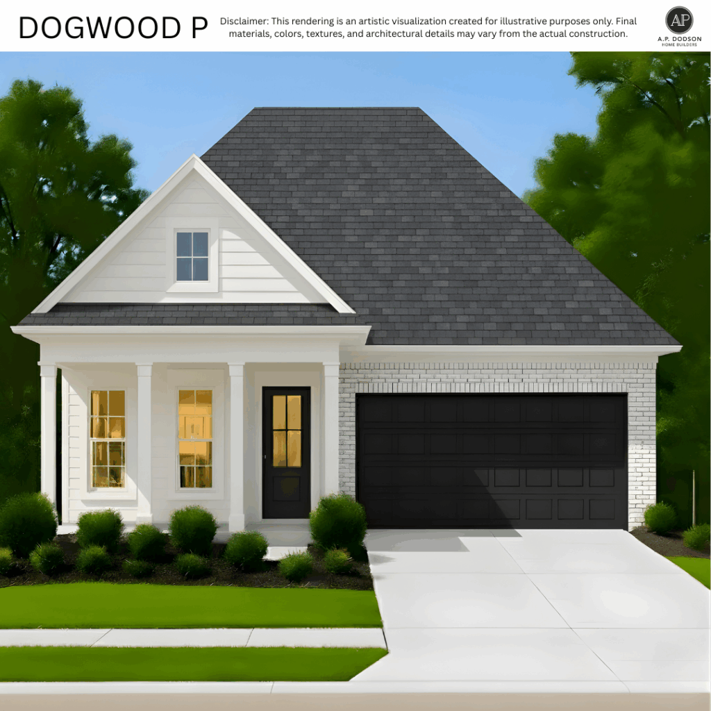 Dogwood P model home by A.P. Dodson Home Builders in Baton Rouge, a 1,700 square foot new construction featuring modern cottage architecture with white brick, board-and-batten siding, black accents, and a two-car garage.