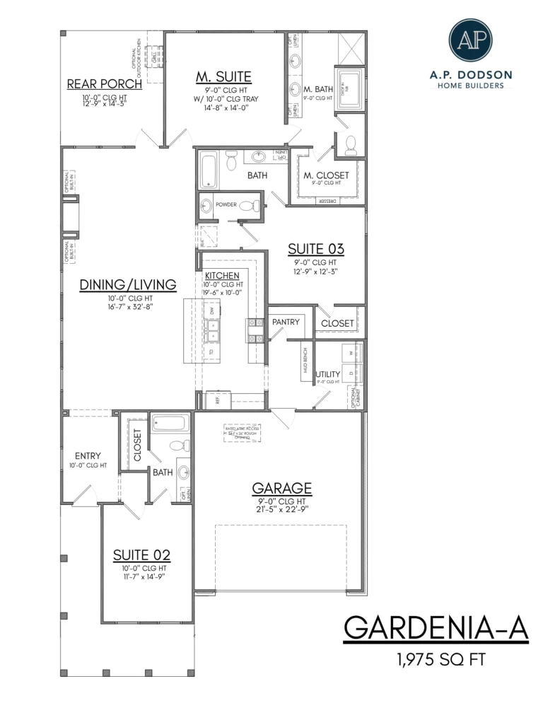 Floor plan of the Gardenia-A model home by A.P. Dodson Home Builders in Baton Rouge, a 1,975 square foot new construction featuring three bedrooms, two and a half bathrooms, open-concept kitchen and living area, rear porch, and two-car garage.