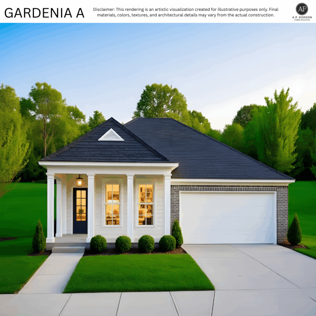 Floor plan of the Gardenia-A model home by A.P. Dodson Home Builders in Baton Rouge, a 1,975 square foot new construction featuring three bedrooms, two and a half bathrooms, open-concept kitchen and living area, rear porch, and two-car garage.