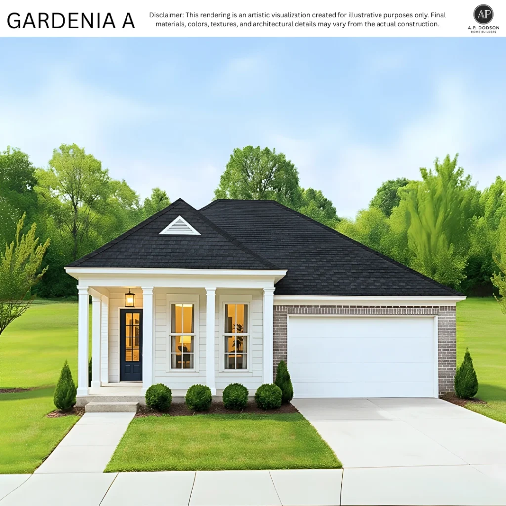Floor plan of the Gardenia-A model home by A.P. Dodson Home Builders in Baton Rouge, a 1,975 square foot new construction featuring three bedrooms, two and a half bathrooms, open-concept kitchen and living area, rear porch, and two-car garage.