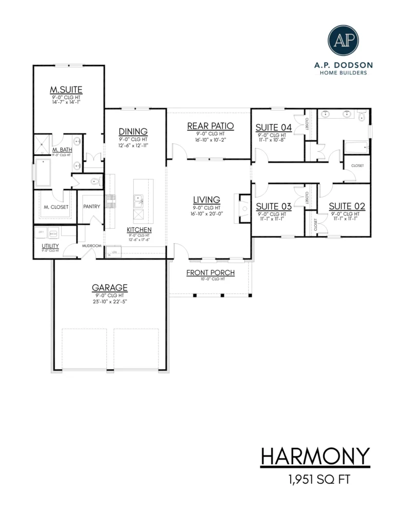 Floor plan of the Harmony model home by A.P. Dodson Home Builders in Baton Rouge, a 1,951 square foot new construction featuring four bedrooms, two bathrooms, open kitchen and living area, rear patio, and two-car garage.