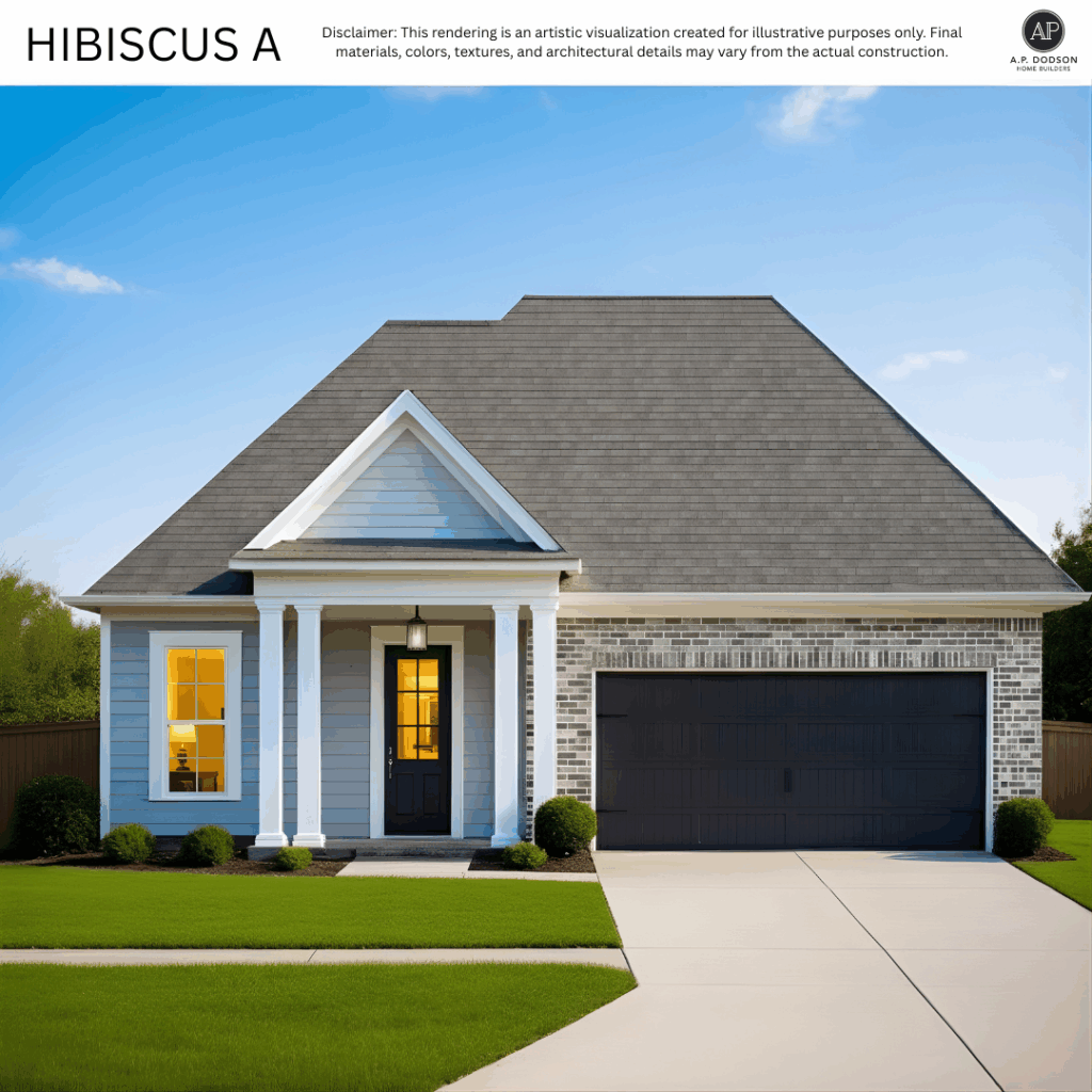 New construction Hibiscus A model home by A.P. Dodson Home Builders in Baton Rouge, featuring a modern cottage design with light gray siding, brick accents, black front door, two-car garage, and covered front porch.