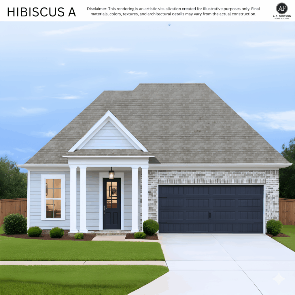 New construction Hibiscus A model home by A.P. Dodson Home Builders in Baton Rouge, featuring a modern cottage design with light gray siding, brick accents, black front door, two-car garage, and covered front porch.