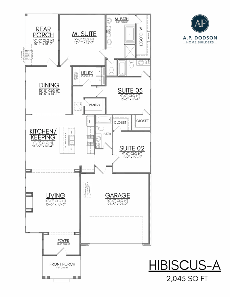 Floor plan of the Hibiscus-A model home by A.P. Dodson Home Builders in Baton Rouge, a 2,045 square foot new construction featuring three bedrooms, two bathrooms, open kitchen and living area, dining space, rear porch, and two-car garage.