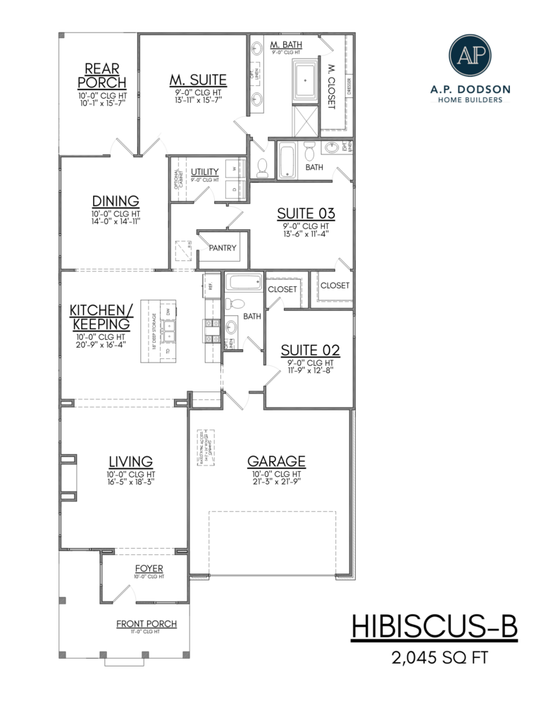 Hibiscus B floor plan by AP Dodson Home Builders showcasing a 2,045 sq ft single-story layout with open living area, kitchen with keeping room, formal dining room, primary suite with walk-in closet and spa-style bath, two additional bedrooms, multiple full baths, rear porch, utility room, pantry, and attached two-car garage.