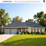 New construction Harmony model home by A.P. Dodson Home Builders in Baton Rouge, featuring a traditional brick and siding exterior, covered front porch, two-car garage, and landscaped front yard.