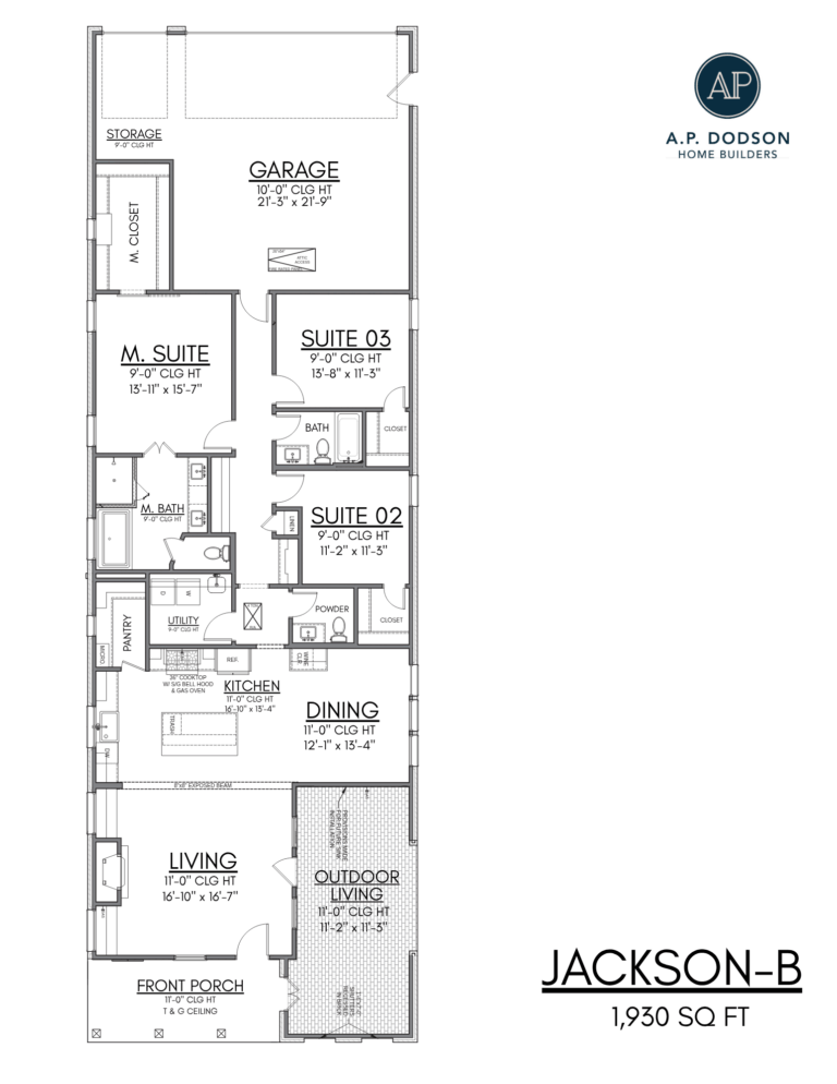 Floor plan of the Isabelle model home by A.P. Dodson Home Builders in Baton Rouge, a 2,103 square foot new construction featuring four bedrooms, three bathrooms, open living and dining area, rear porch, and two-car garage.